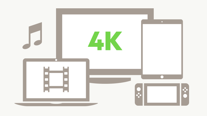 Illustration of 4k TV, laptop with video, audio, a tablet and gaming console