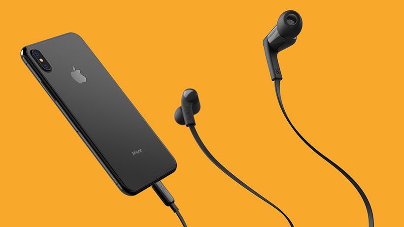 SOUNDFORM headphones plugged into an iPhone