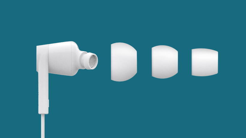 SOUNDFORM headphone with three differently-sized silicone tips