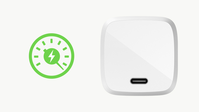 BOOST↑CHARGE USB-C GaN Wall Charger with a charging time icon